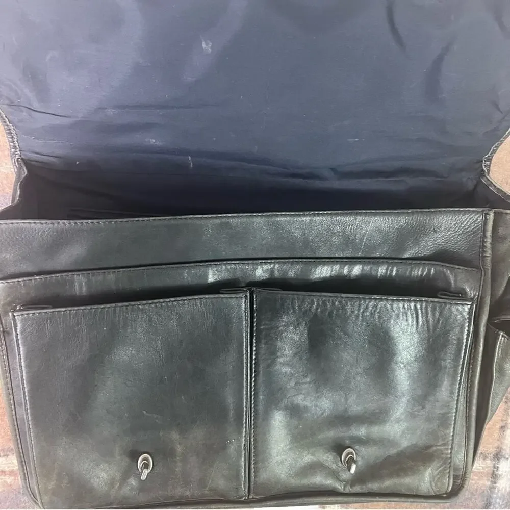 Vintage Genuine Leather Briefcase Black Multi-Pockets Distressed